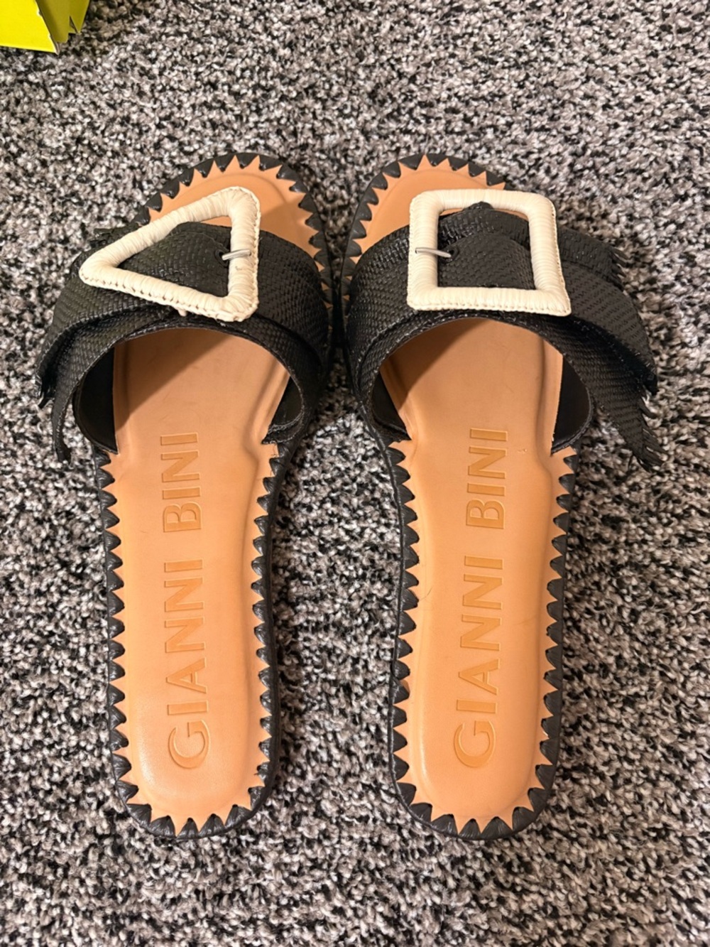 Gianni Bini Black Strappy Slide Sandals with Cream Buckle
